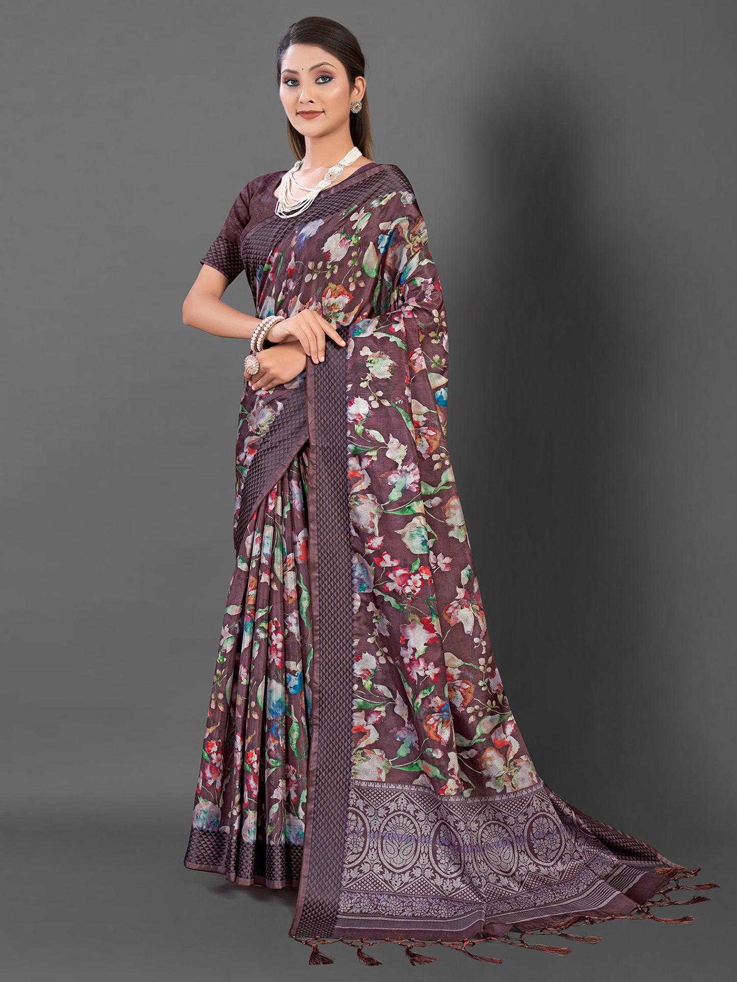 Women's Manipuri Silk Brown Printed Designer Saree With Blouse Piece