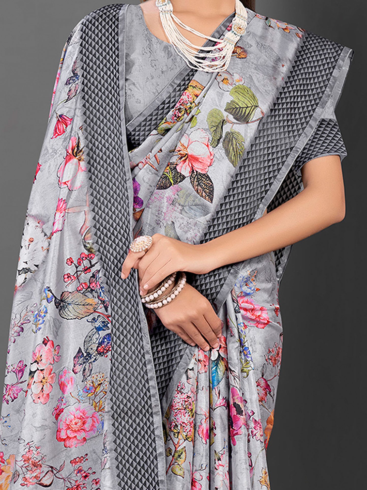 Women's Manipuri Silk Grey Printed Designer Saree With Blouse Piece
