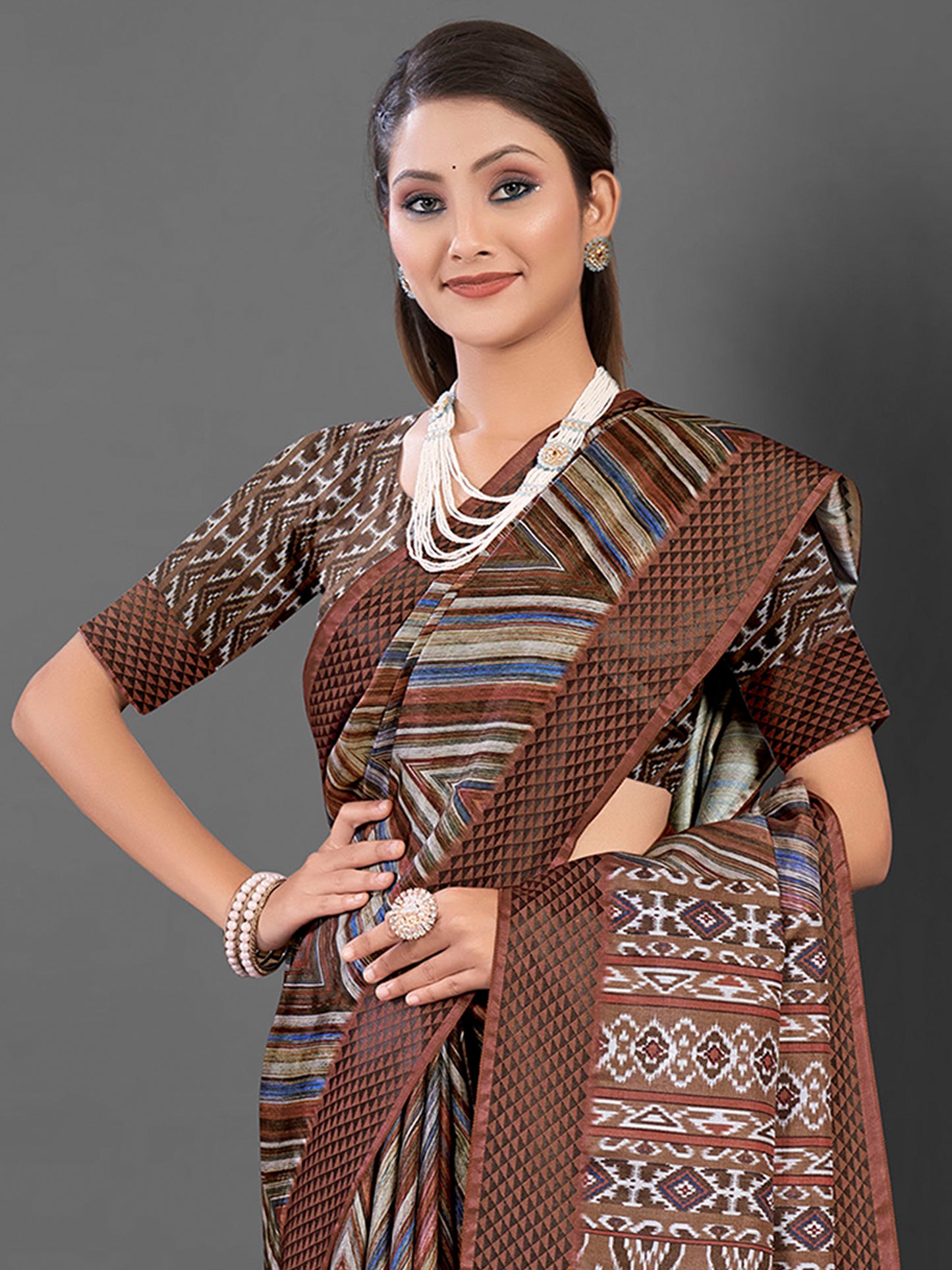Women's Manipuri Silk Brown Printed Designer Saree With Blouse Piece