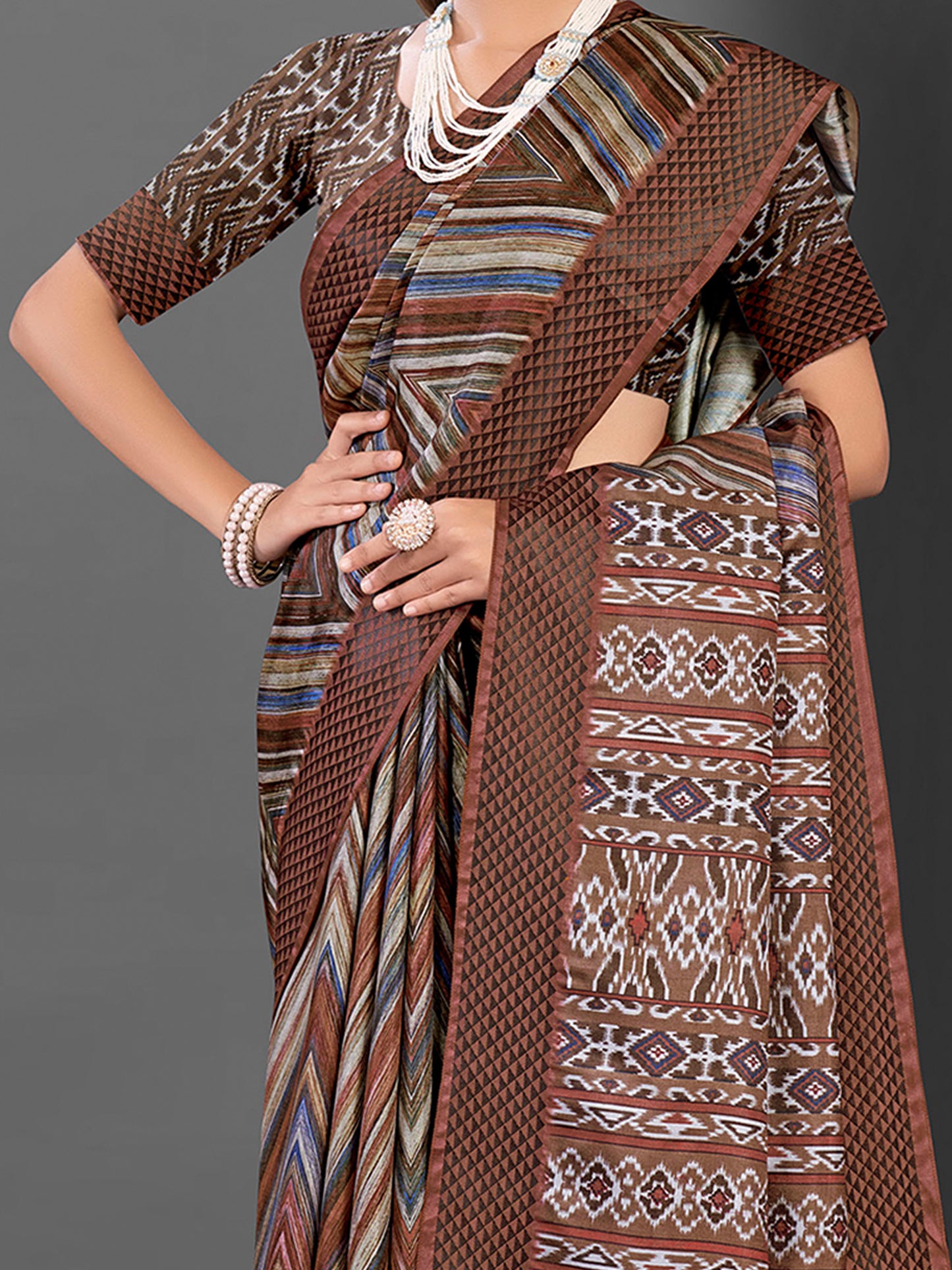 Women's Manipuri Silk Brown Printed Designer Saree With Blouse Piece