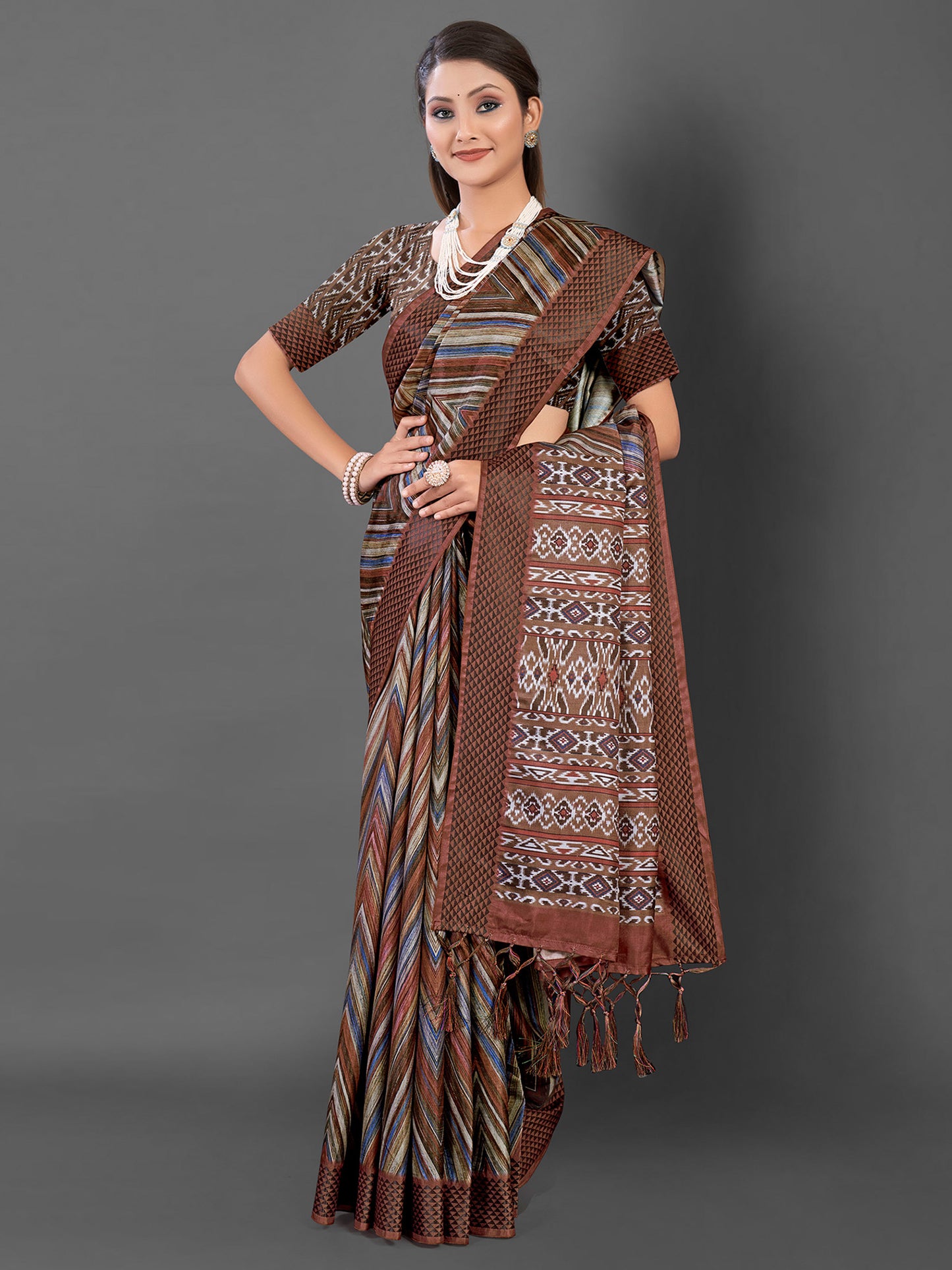 Women's Manipuri Silk Brown Printed Designer Saree With Blouse Piece