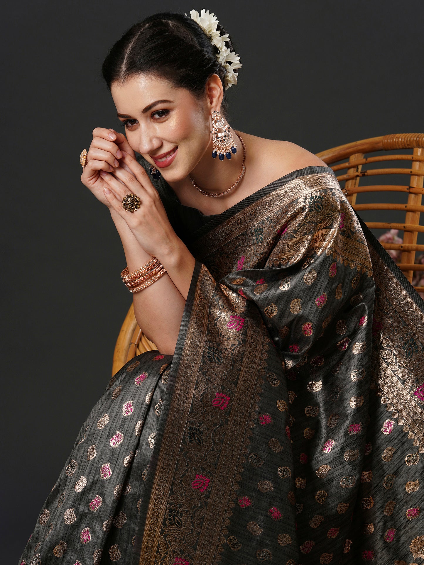 Women's Silk Blend Grey Woven Design Designer Saree With Blouse Piece