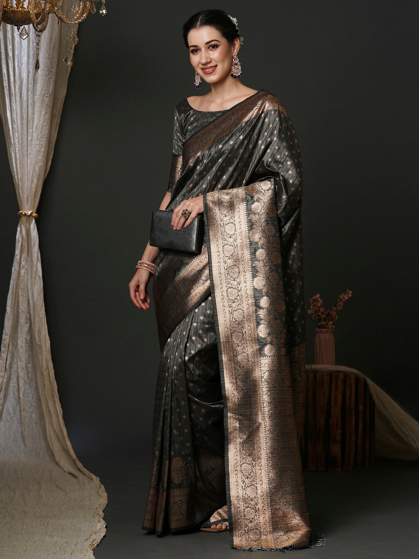 Women's Silk Blend Grey Woven Design Designer Saree With Blouse Piece
