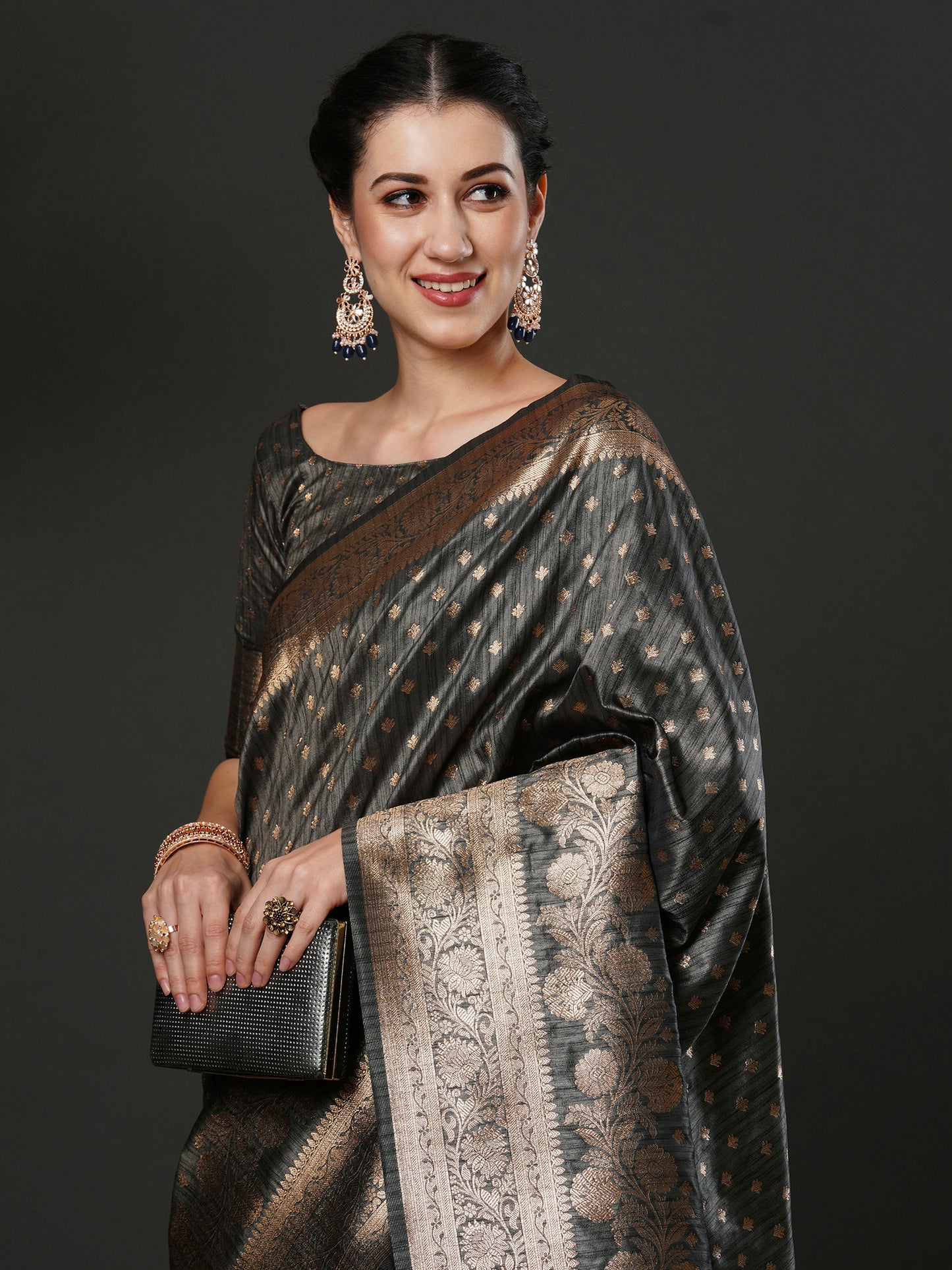 Women's Silk Blend Grey Woven Design Designer Saree With Blouse Piece