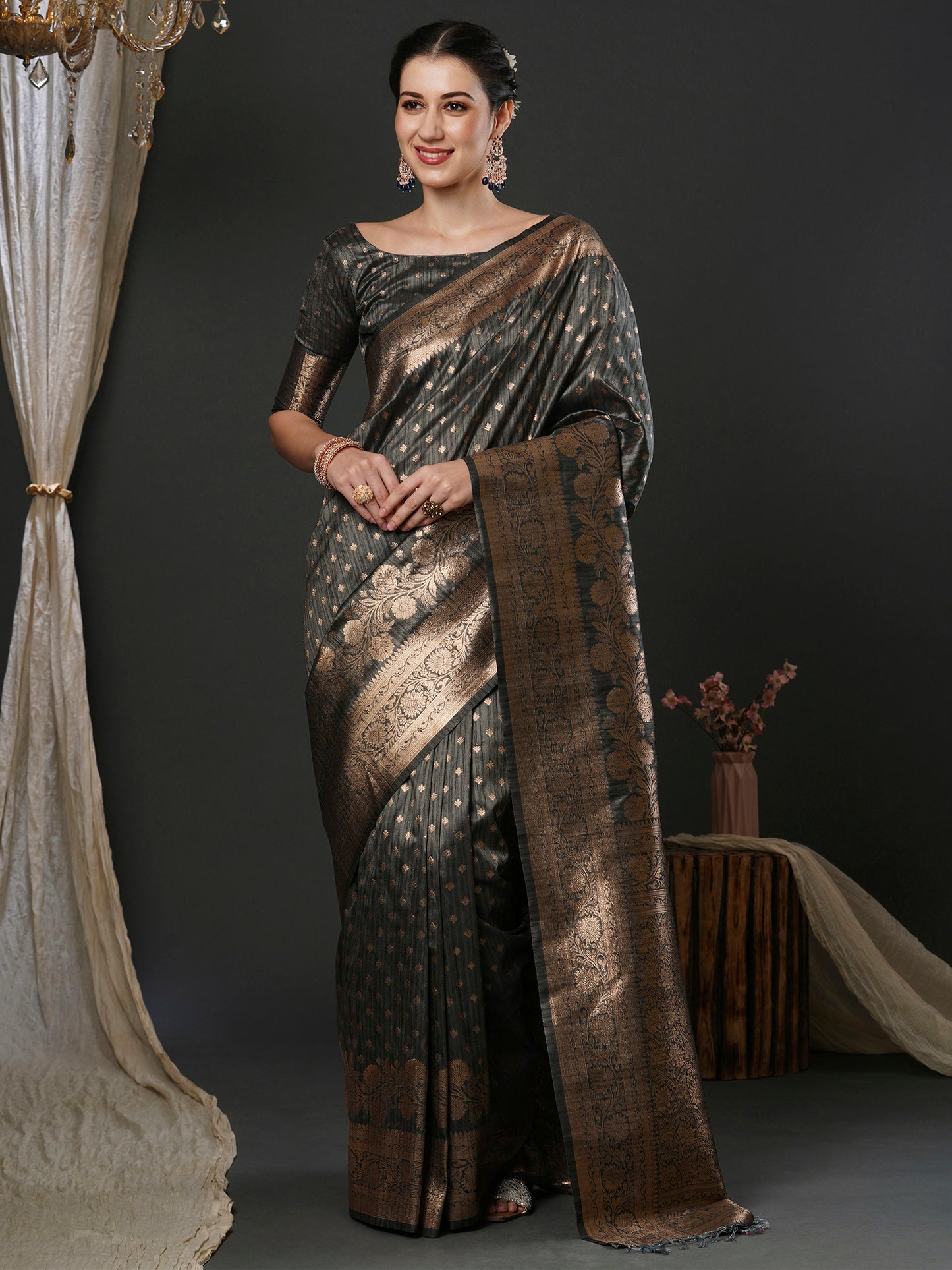 Women's Silk Blend Grey Woven Design Designer Saree With Blouse Piece