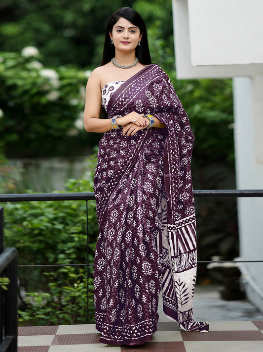 Women's Cotton White Printed Designer Saree With Blouse Piece
