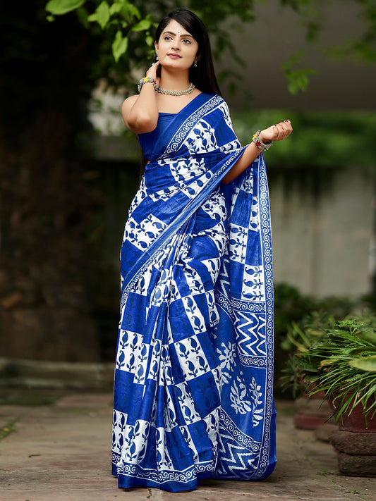 Women's Cotton Blue Printed Designer Saree With Blouse Piece