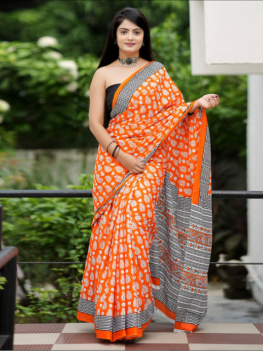 Women's Cotton Black Printed Designer Saree With Blouse Piece