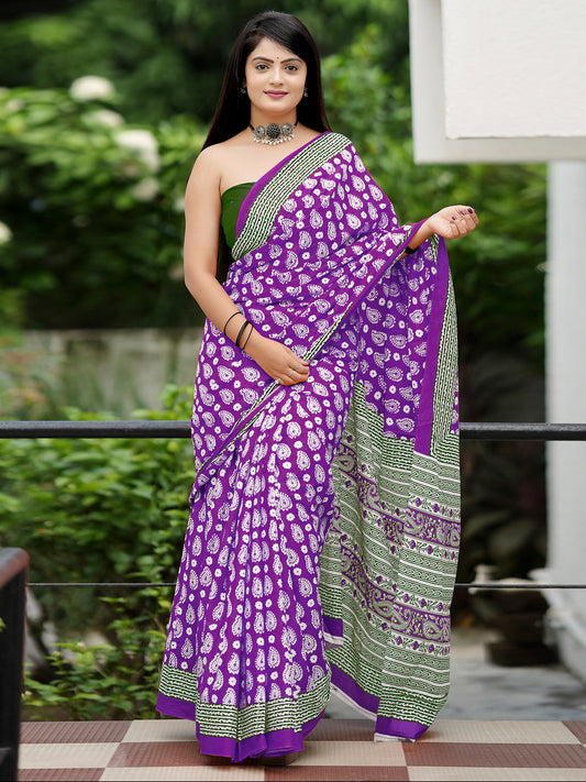 Women's Cotton Green Printed Designer Saree With Blouse Piece