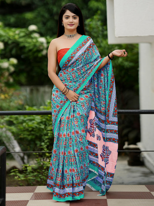 Women's Cotton Rust Printed Designer Saree With Blouse Piece