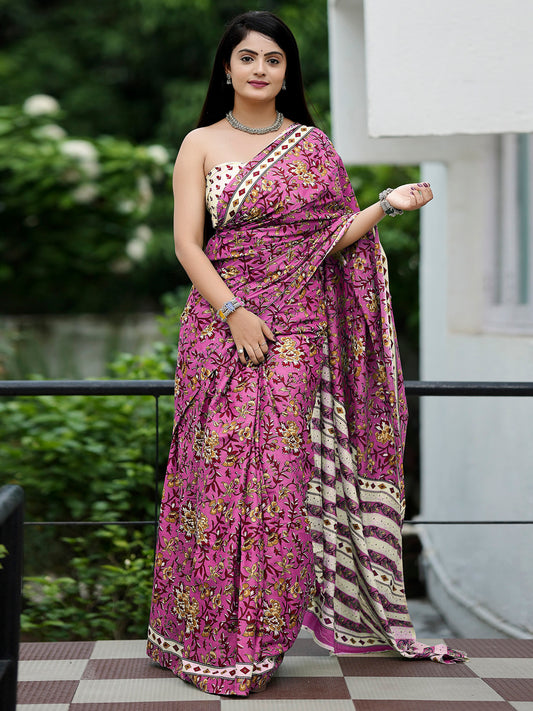 Women's Cotton Off White Printed Designer Saree With Blouse Piece