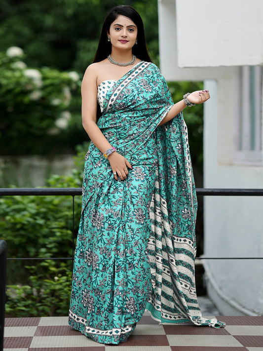 Women's Cotton Off White Printed Designer Saree With Blouse Piece