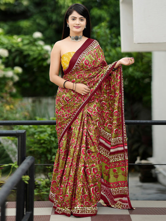 Women's Cotton Mustard Printed Designer Saree With Blouse Piece