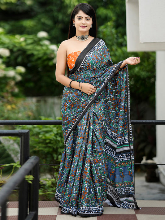 Women's Cotton Orange Printed Designer Saree With Blouse Piece