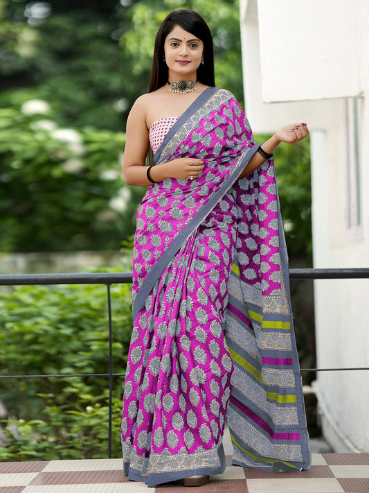 Women's Cotton Beige Printed Designer Saree With Blouse Piece