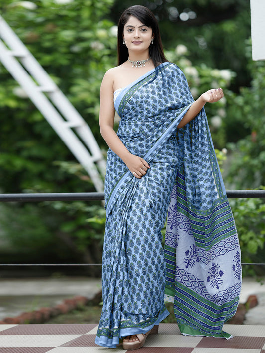 Women's Cotton White Printed Designer Saree With Blouse Piece