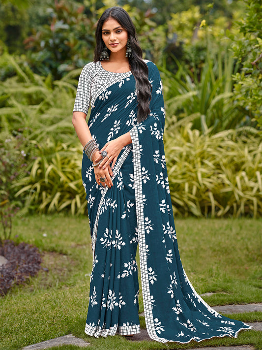 Women's Cotton White Printed Designer Saree With Blouse Piece