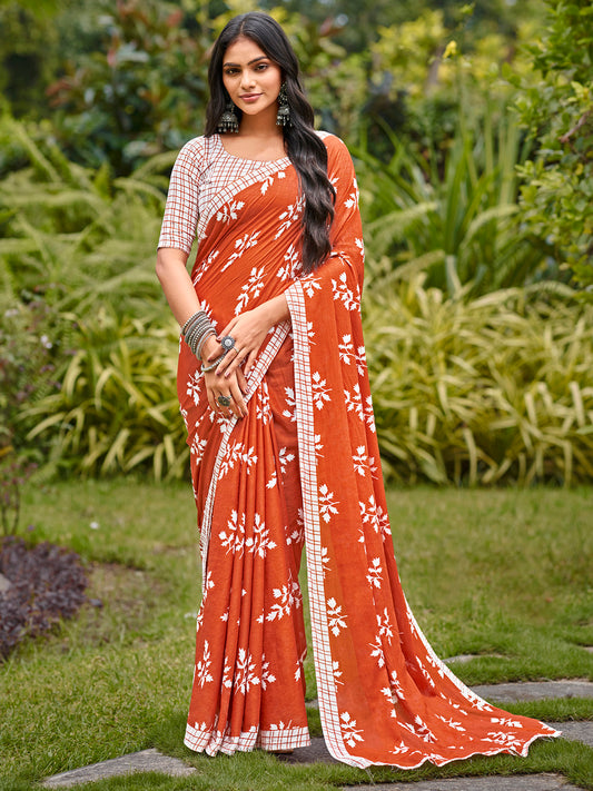 Women's Cotton White Printed Designer Saree With Blouse Piece
