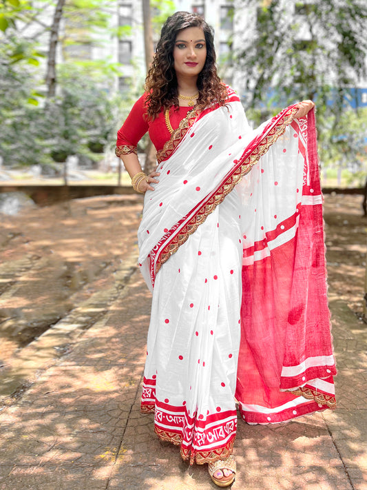 Women's Cotton Red Embellished Designer Saree With Blouse Piece