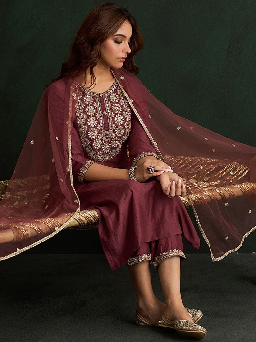Floral Embroidered Straight Kurta with Trousers & Dupatta