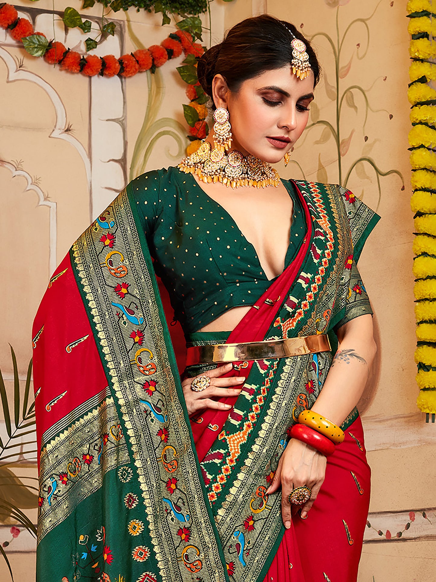 Women's Silk Blend Red Woven Design Designer Saree With Blouse Piece