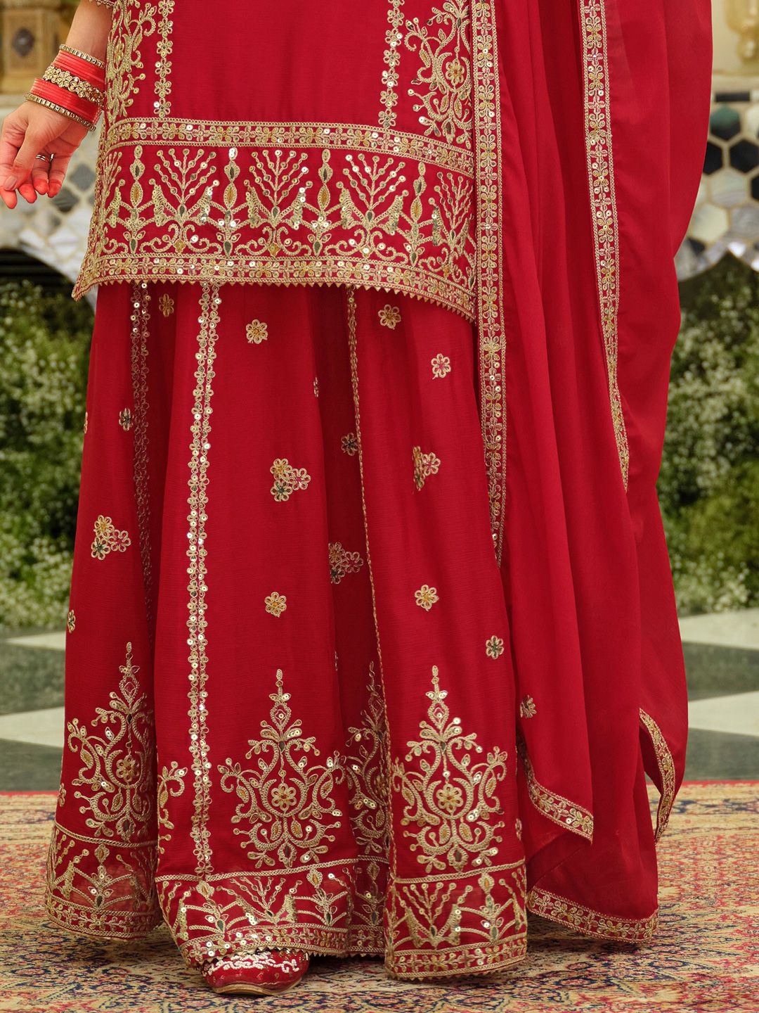 Ethnic Motifs Embroidered Sequinned Chinon Straight Kurta With Skirt & Dupatta