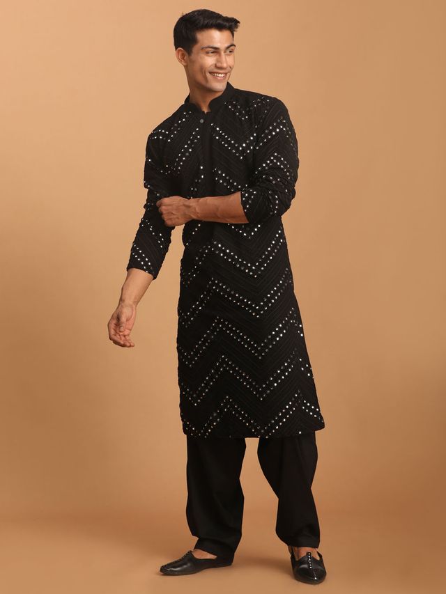 Men's Black Georgette Straight Kurta and Patiala Set
