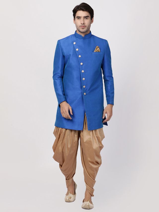 Men's Blue Silk Blend Straight Sherwani Set