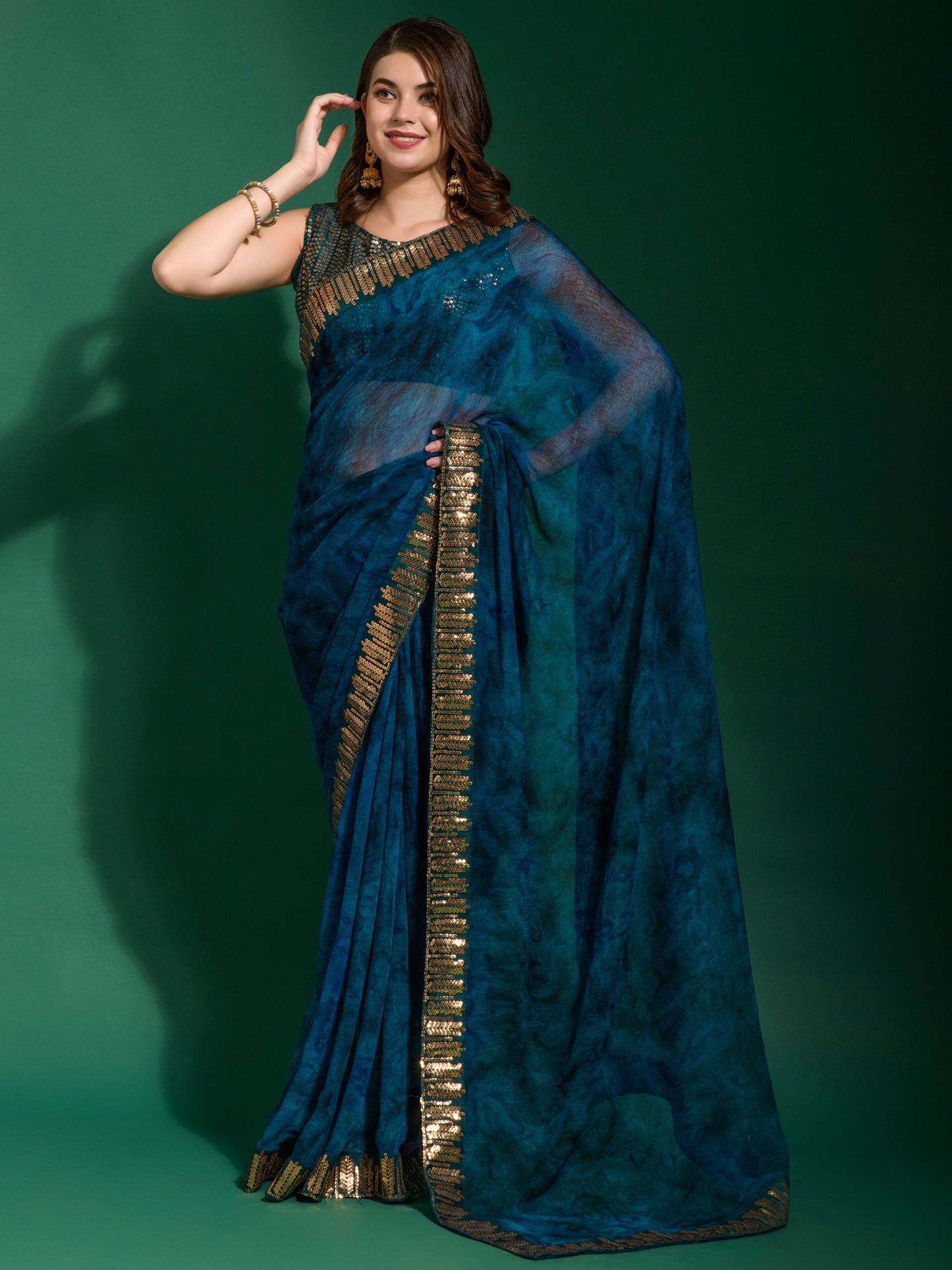 Women's Chiffon Blue Embellished Designer Saree With Blouse Piece