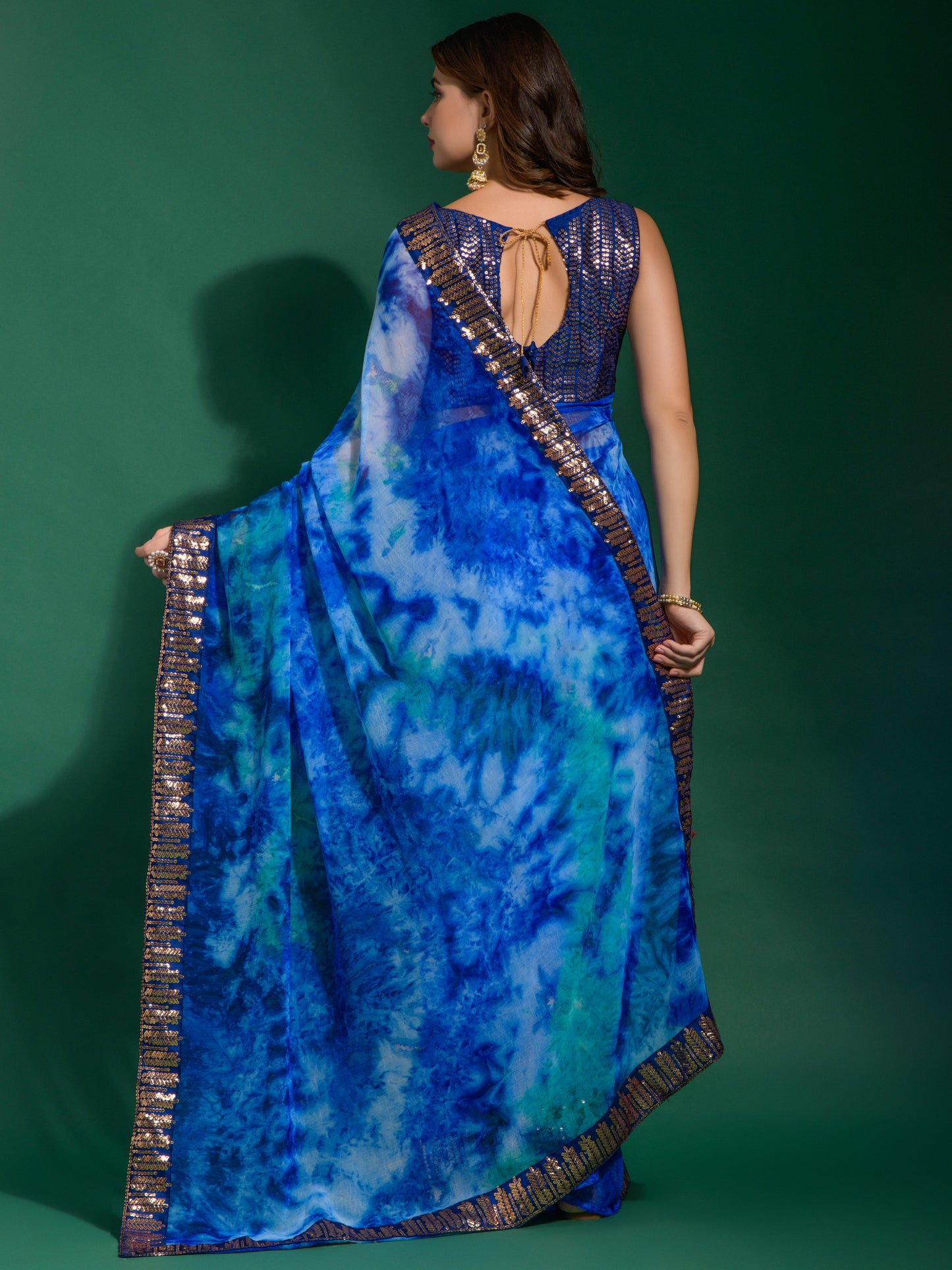 Women's Chiffon Blue Embellished Designer Saree With Blouse Piece