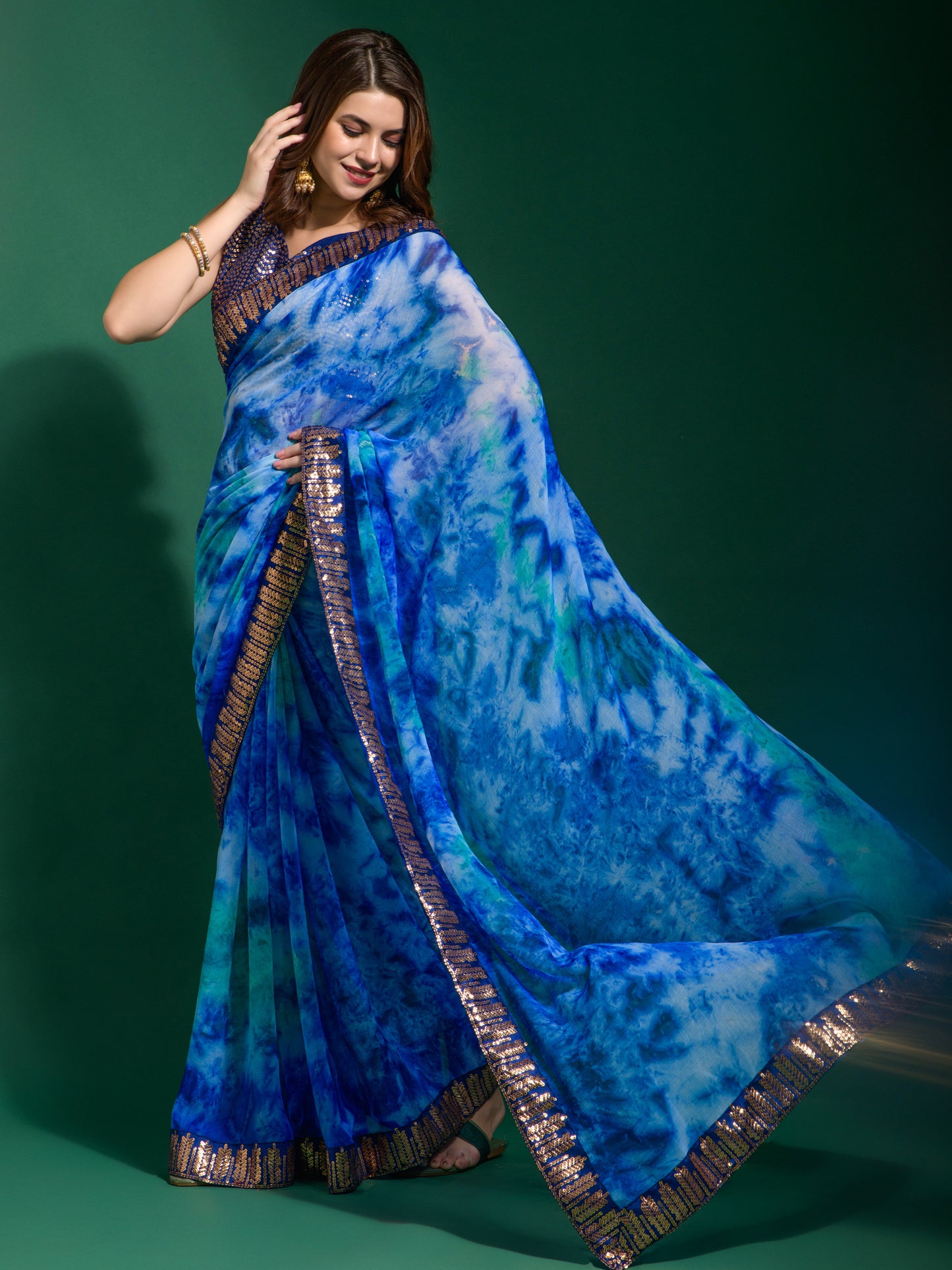 Women's Chiffon Blue Embellished Designer Saree With Blouse Piece