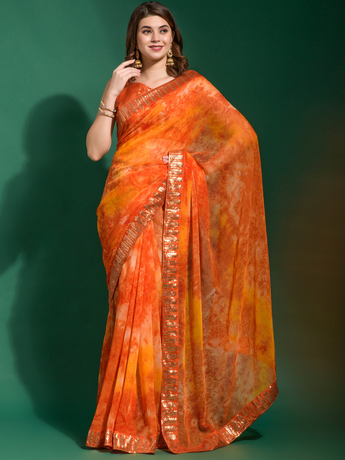 Women's Chiffon Orange Embellished Designer Saree With Blouse Piece