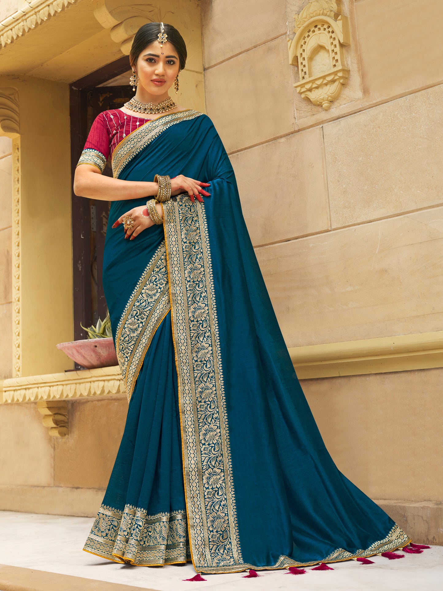 Women's Vichitra Silk Pink Woven Design Designer Saree With Blouse Piece