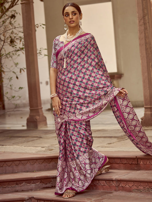 Women's Crepe Magenta Printed Designer Saree With Blouse Piece
