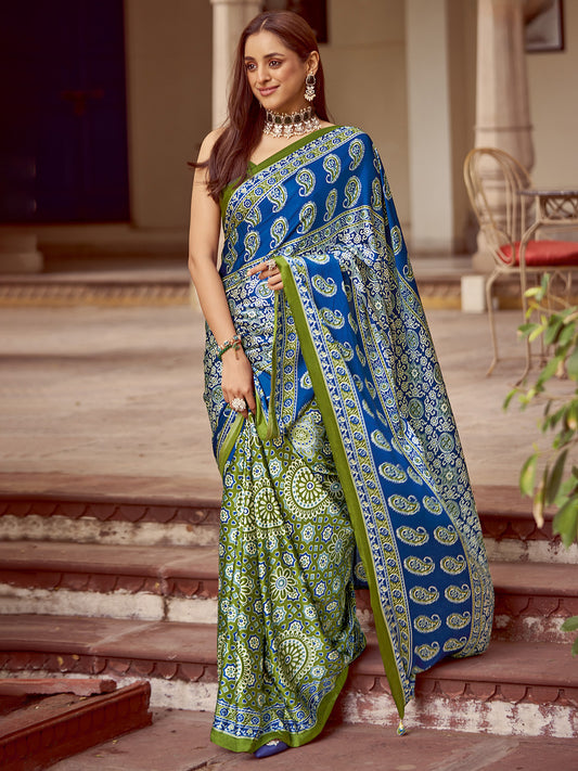 Women's Crepe Light Green Printed Designer Saree With Blouse Piece