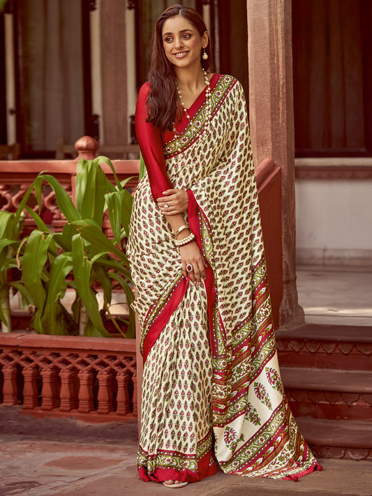 Women's Crepe Red Printed Designer Saree With Blouse Piece