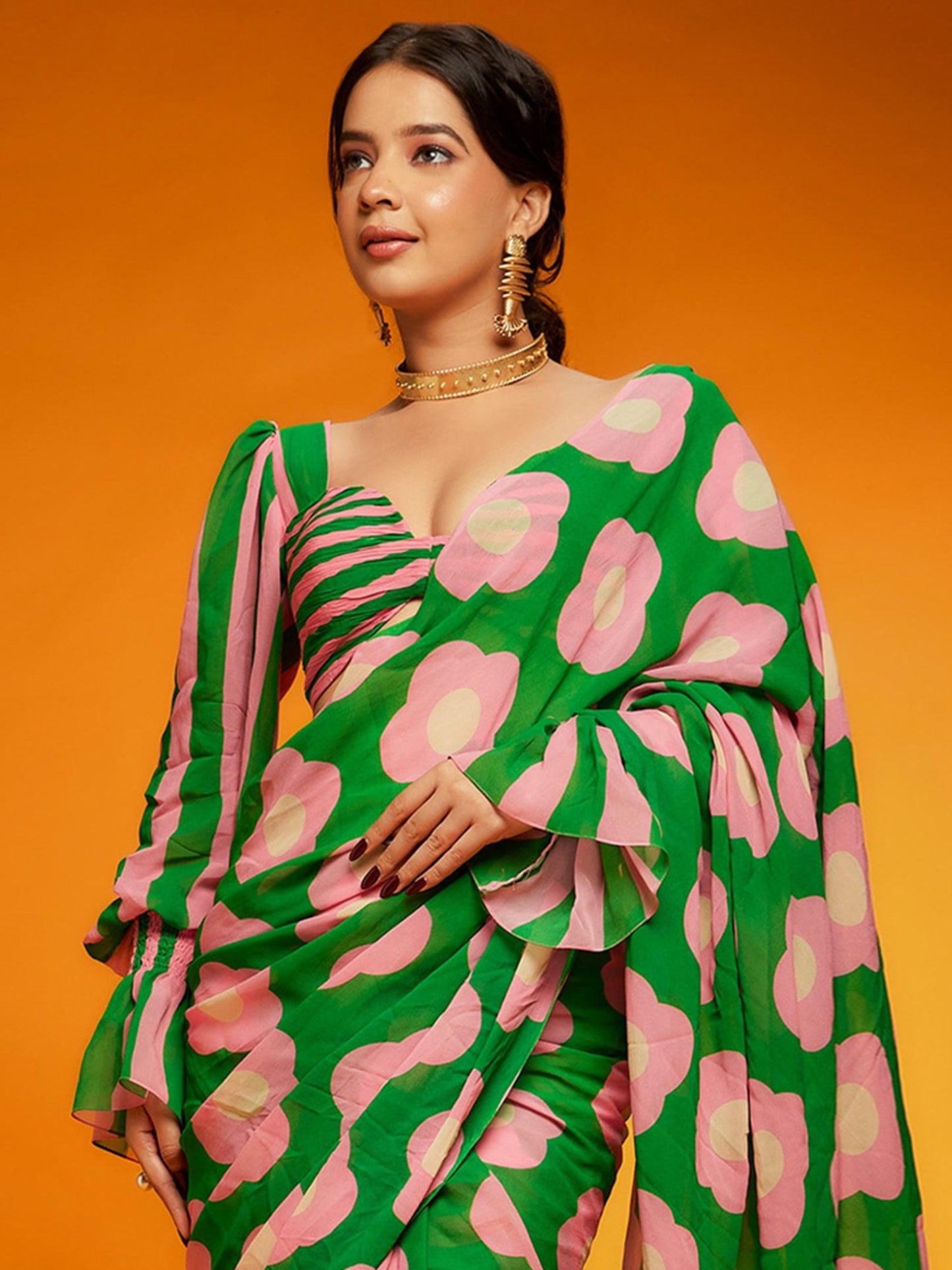 Women's Satin Green Printed Designer Saree With Blouse Piece