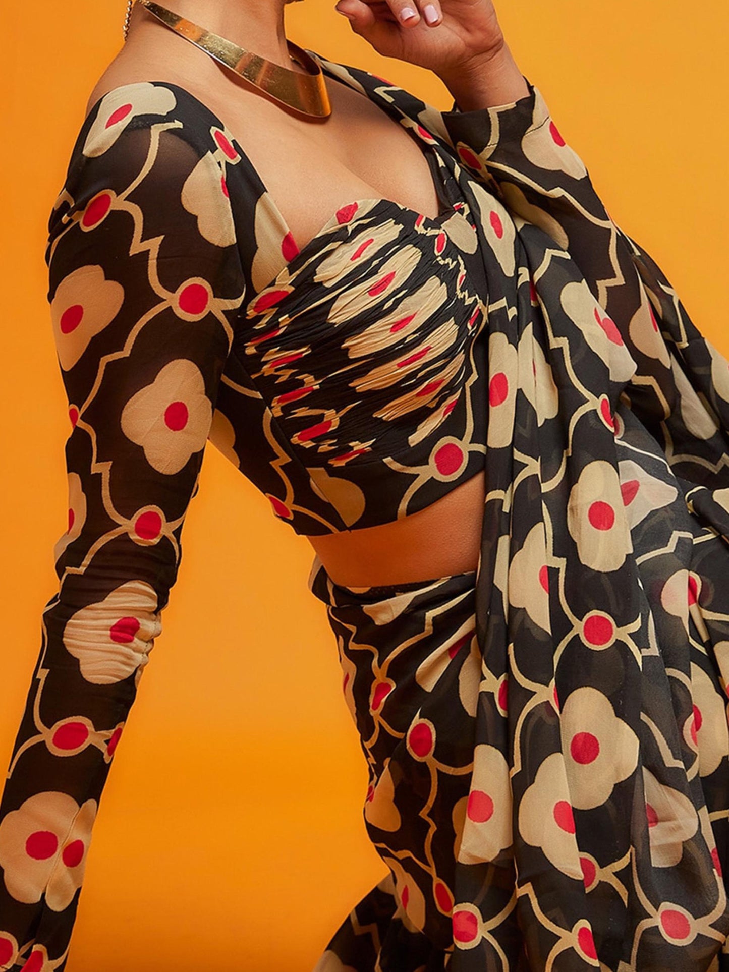 Women's Satin Black Printed Designer Saree With Blouse Piece