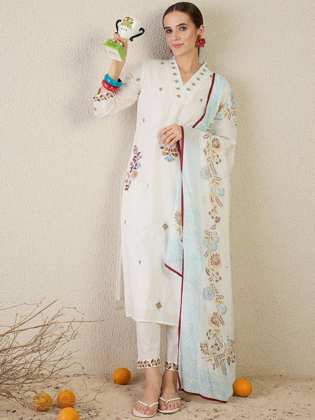 Women Floral Embroidered Pure Cotton Kurta with Trousers & Dupatta