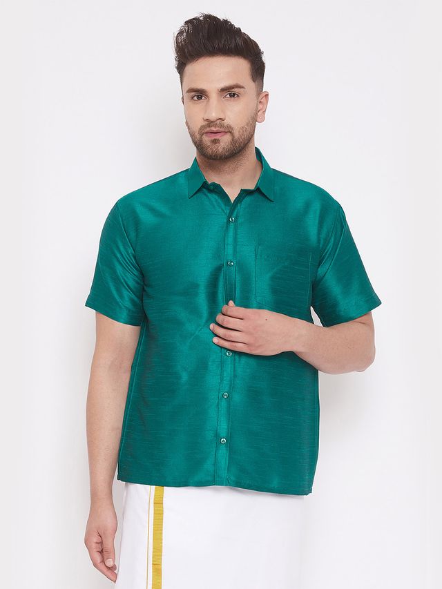 Men's Green Silk Blend Straight Shirt And Mundu