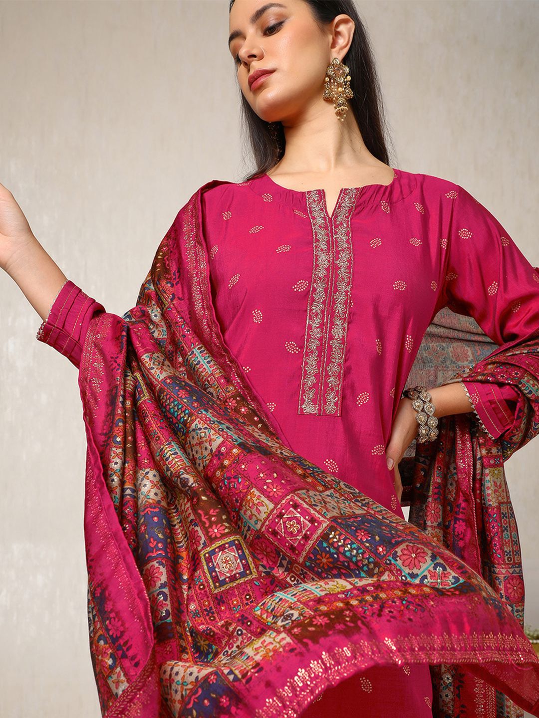 Dhiyona SO Women's Ethnic Motifs Printed Thread Work Straight Kurta with Palazzos & Dupatta
