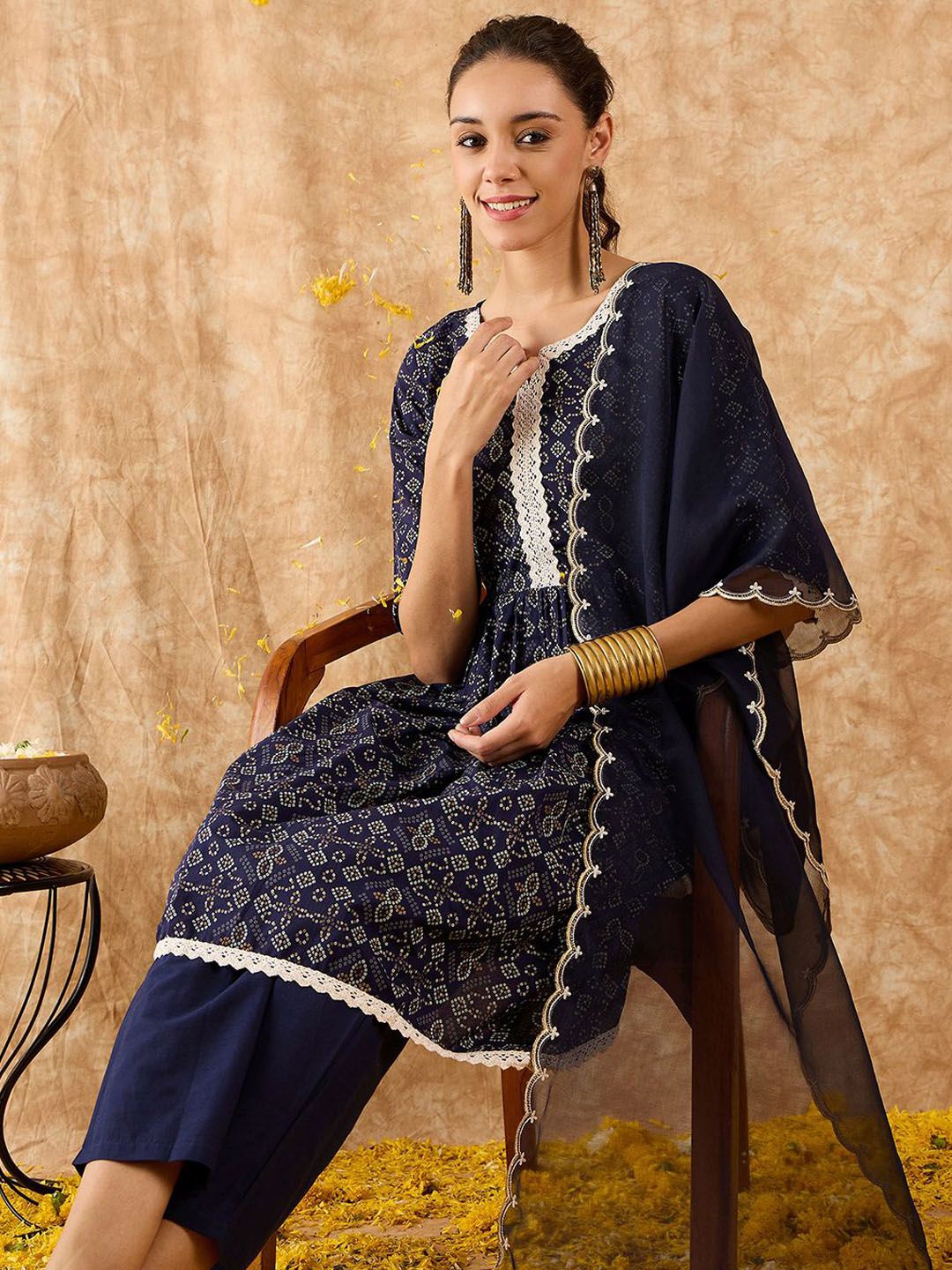 Bandhani Printed A-Line Kurta with Trousers & Dupatta