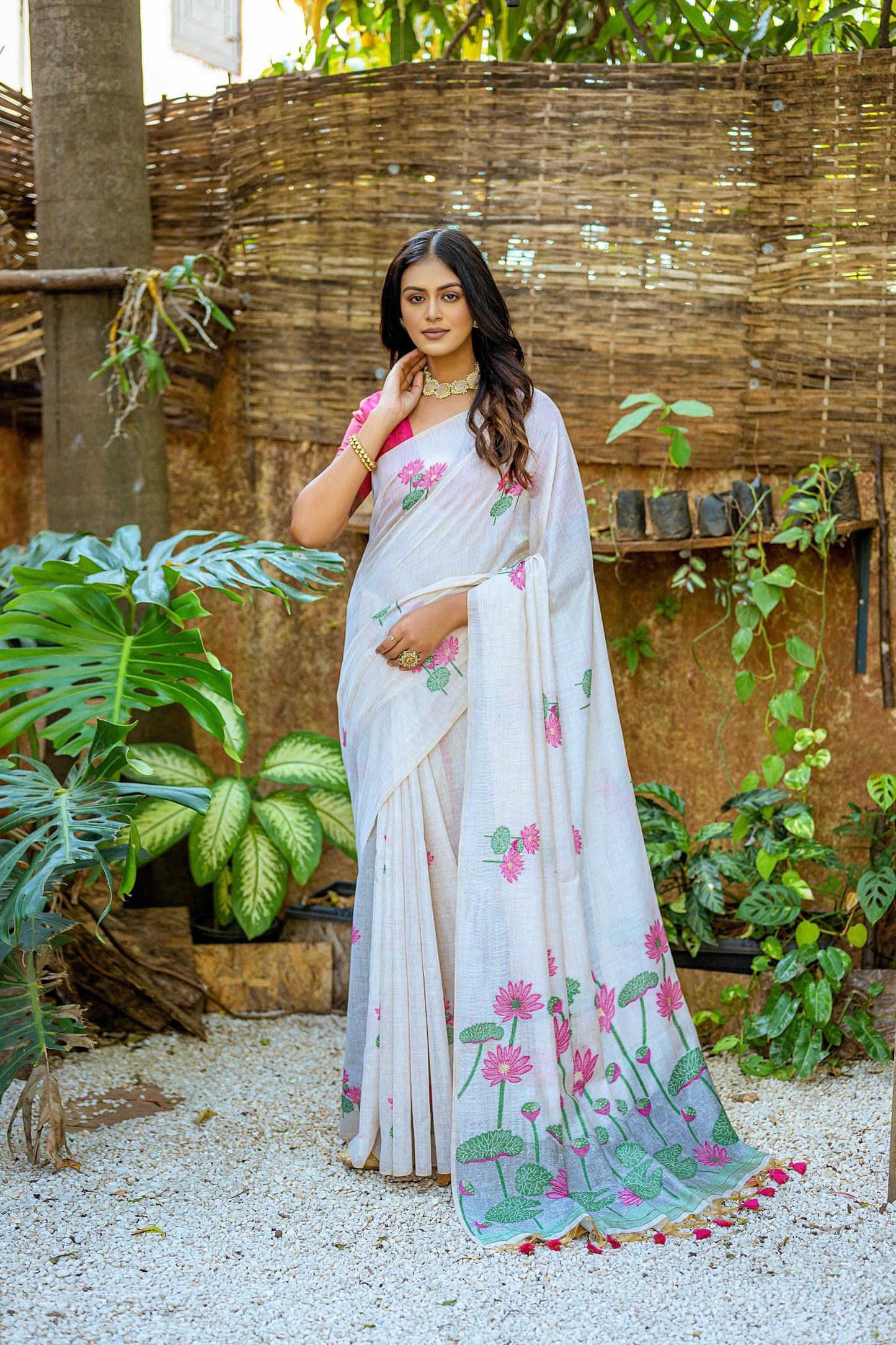 Dhiyona GR Women's Pink Muga Cotton Saree