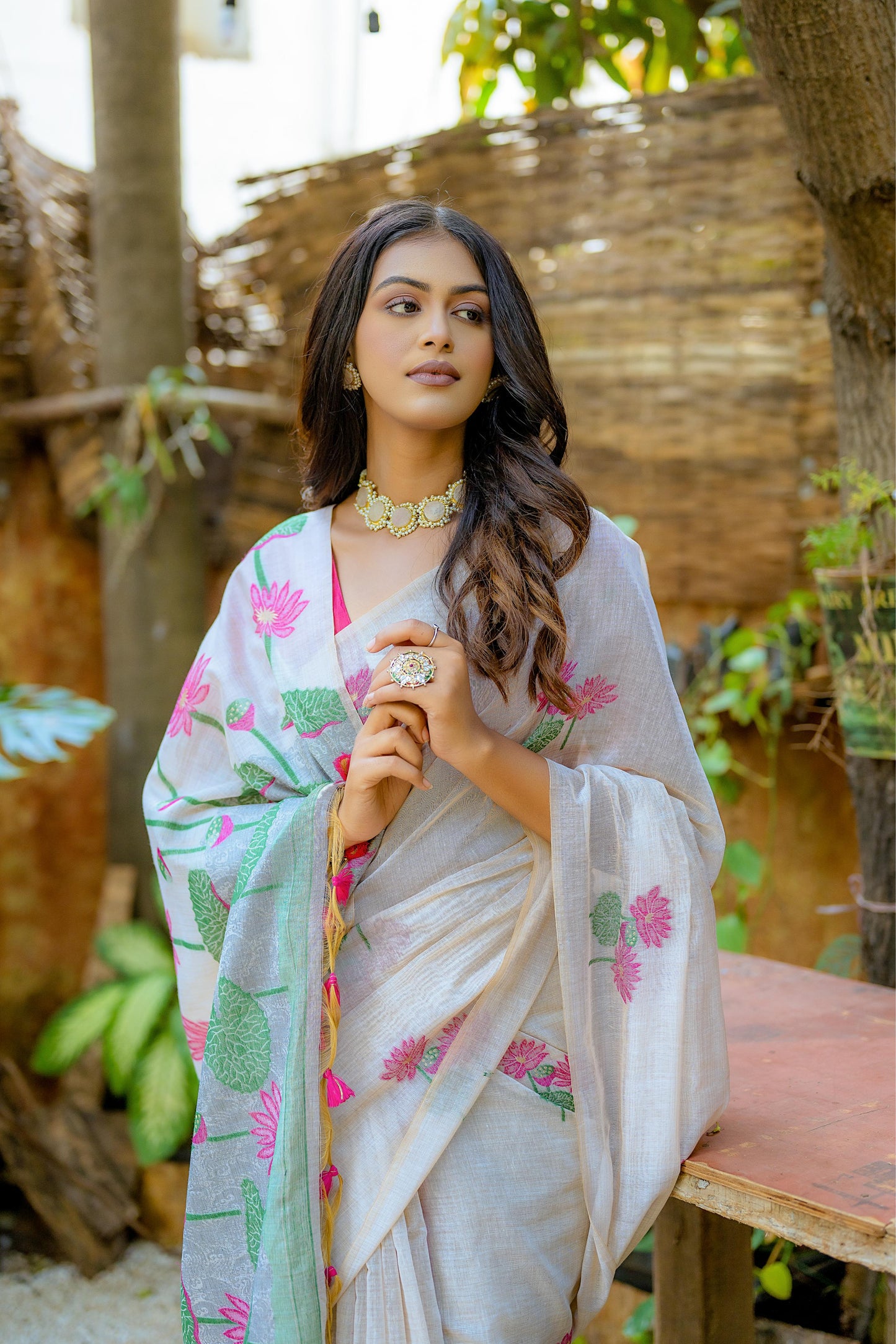 Dhiyona GR Women's Pink Muga Cotton Saree