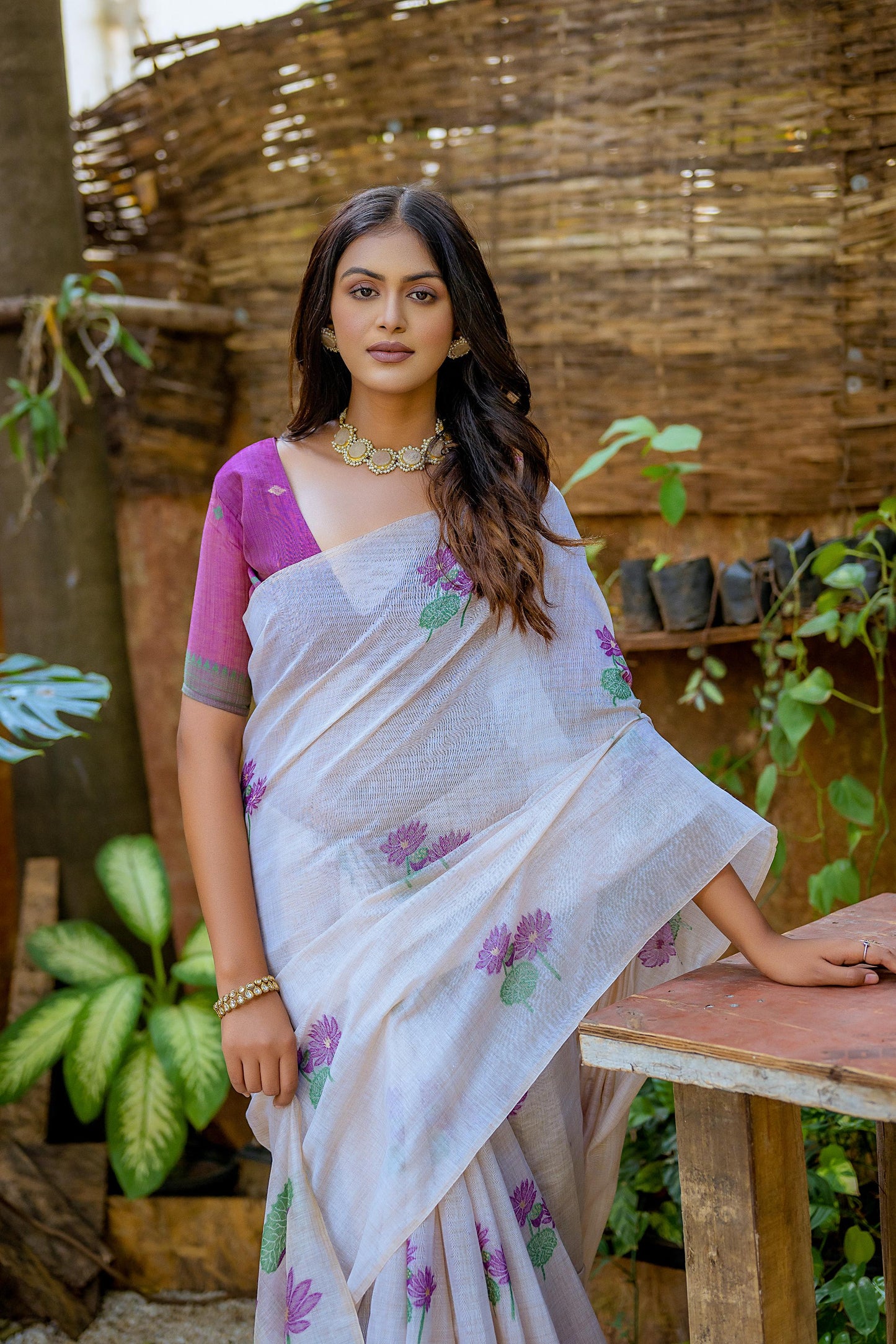 Dhiyona GR Women's Amethyst Purple Muga Cotton Saree