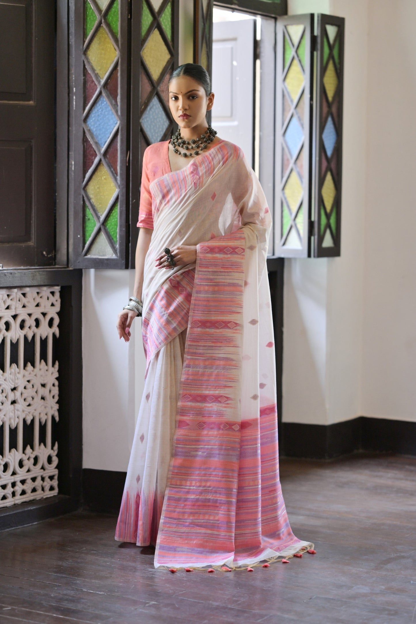 Dhiyona GR Women's Peach Muga Cotton Ikkat Saree