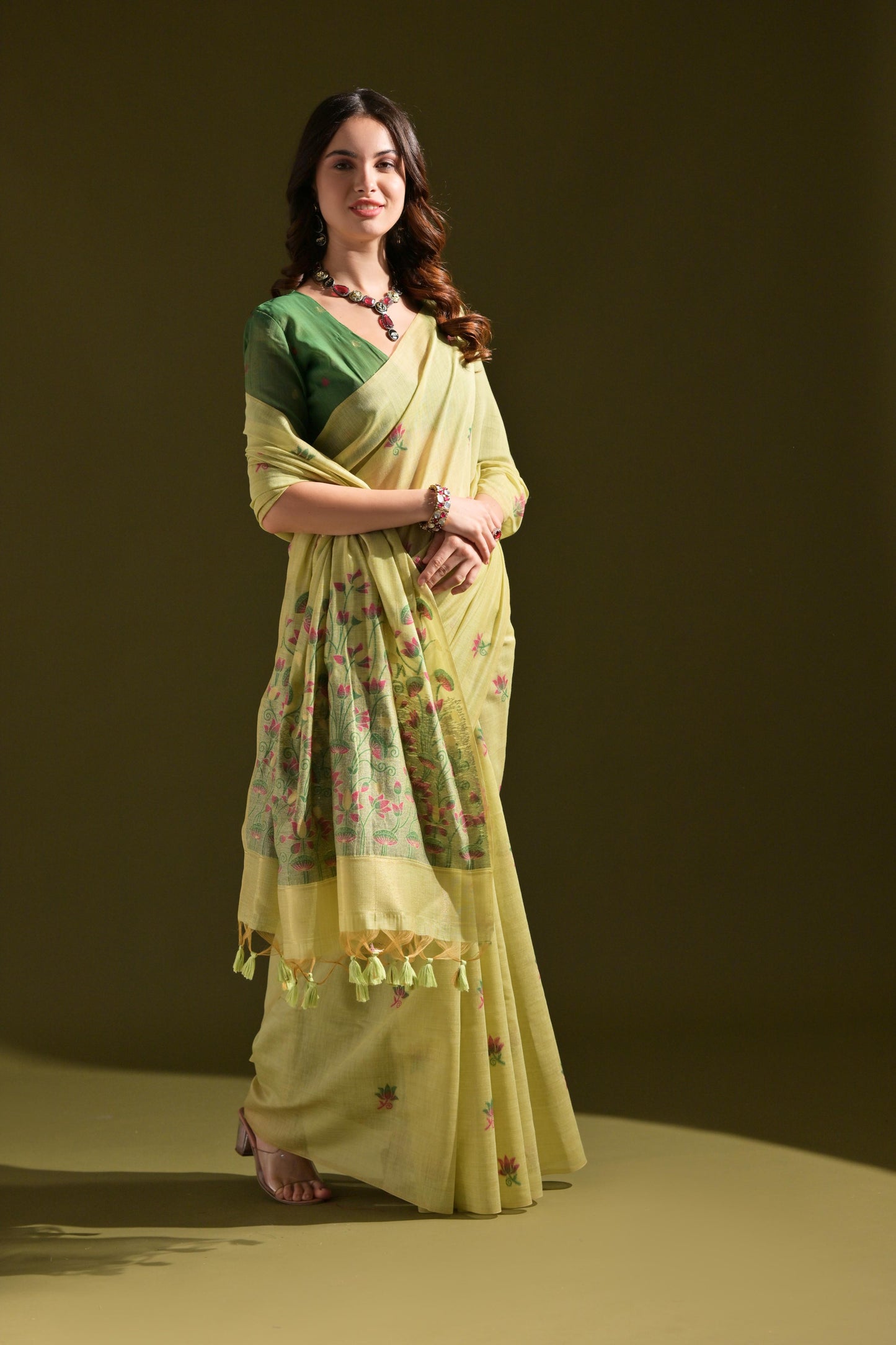 Dhiyona GR Women's Florance Green Muga Cotton Jamdani Saree