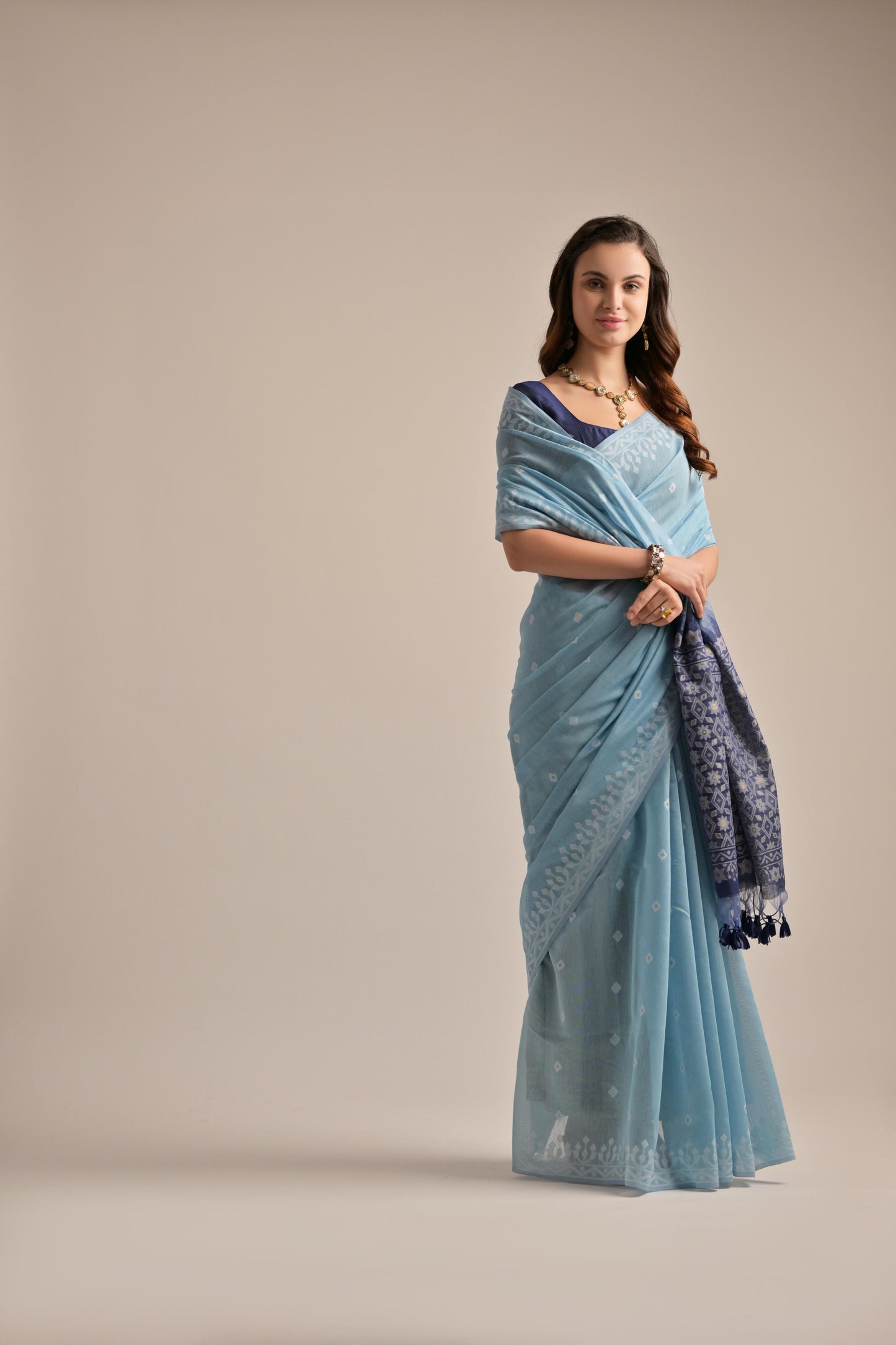 Dhiyona GR Women's Sky Blue Muga Cotton Jamdani Saree