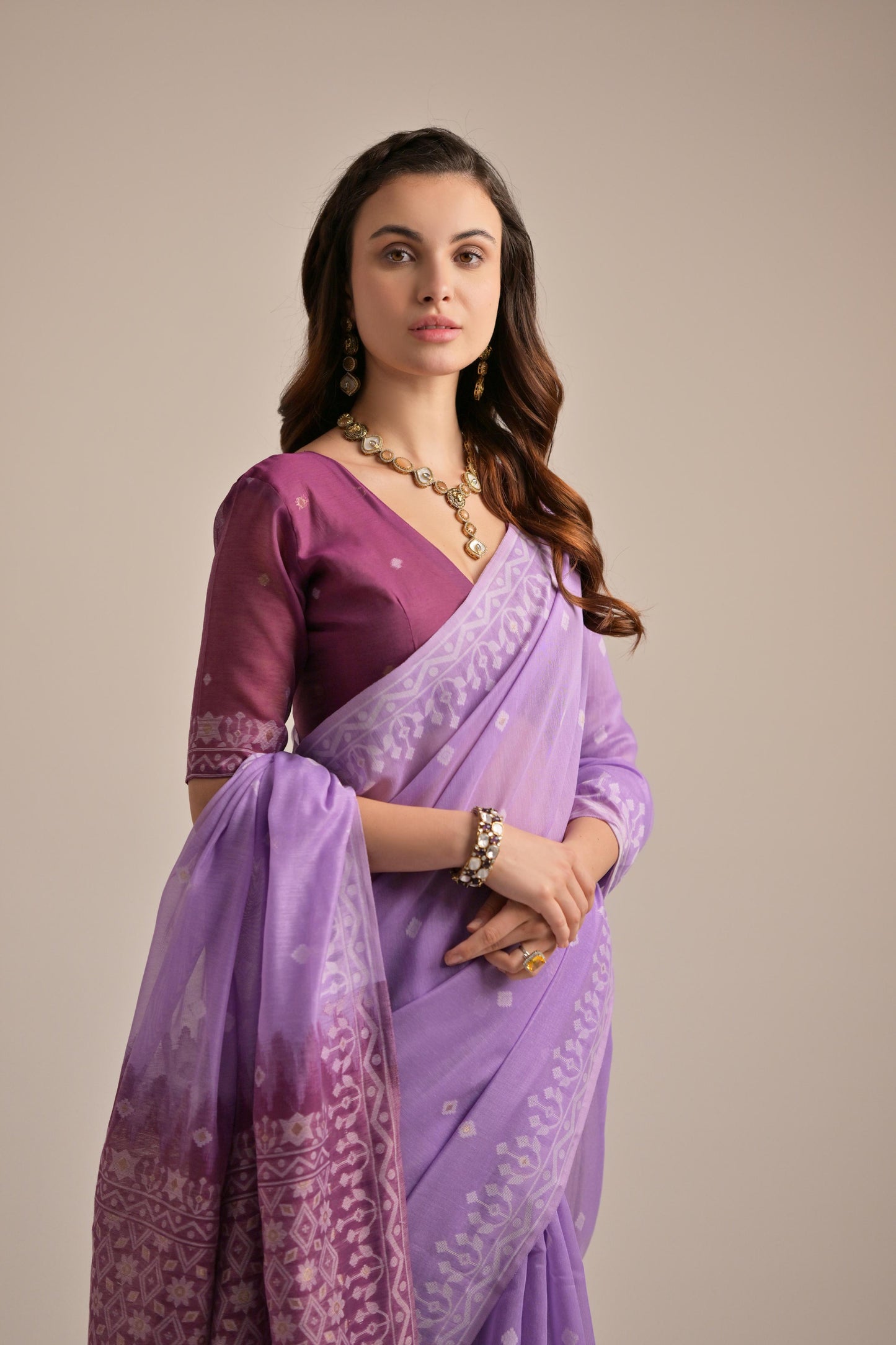 Dhiyona GR Women's Lavender Muga Cotton Jamdani Saree