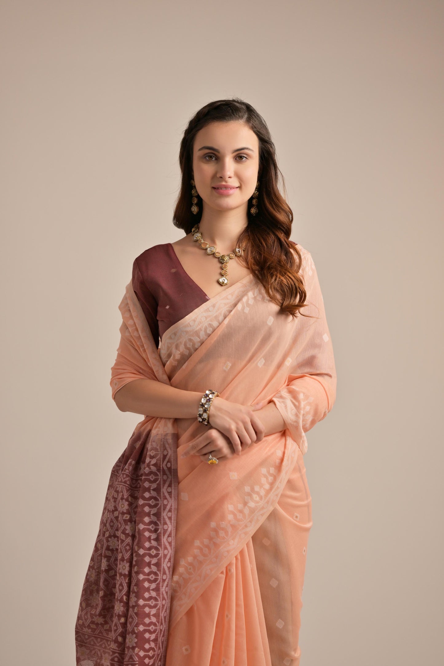 Dhiyona GR Women's Peach Orange Muga Cotton Jamdani Saree